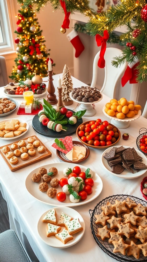 A festive Christmas party table with appetizers, desserts, and holiday decorations.